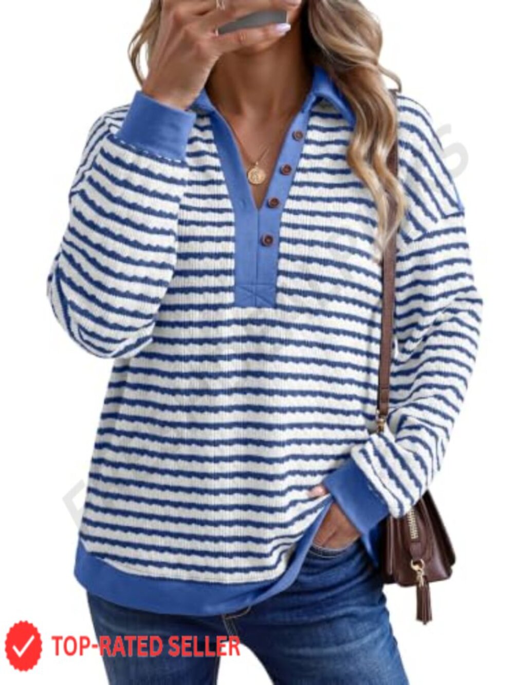 Oversized Lightweight Henley Neck Sweatshirt Color Block Long Sleeve Pullover
